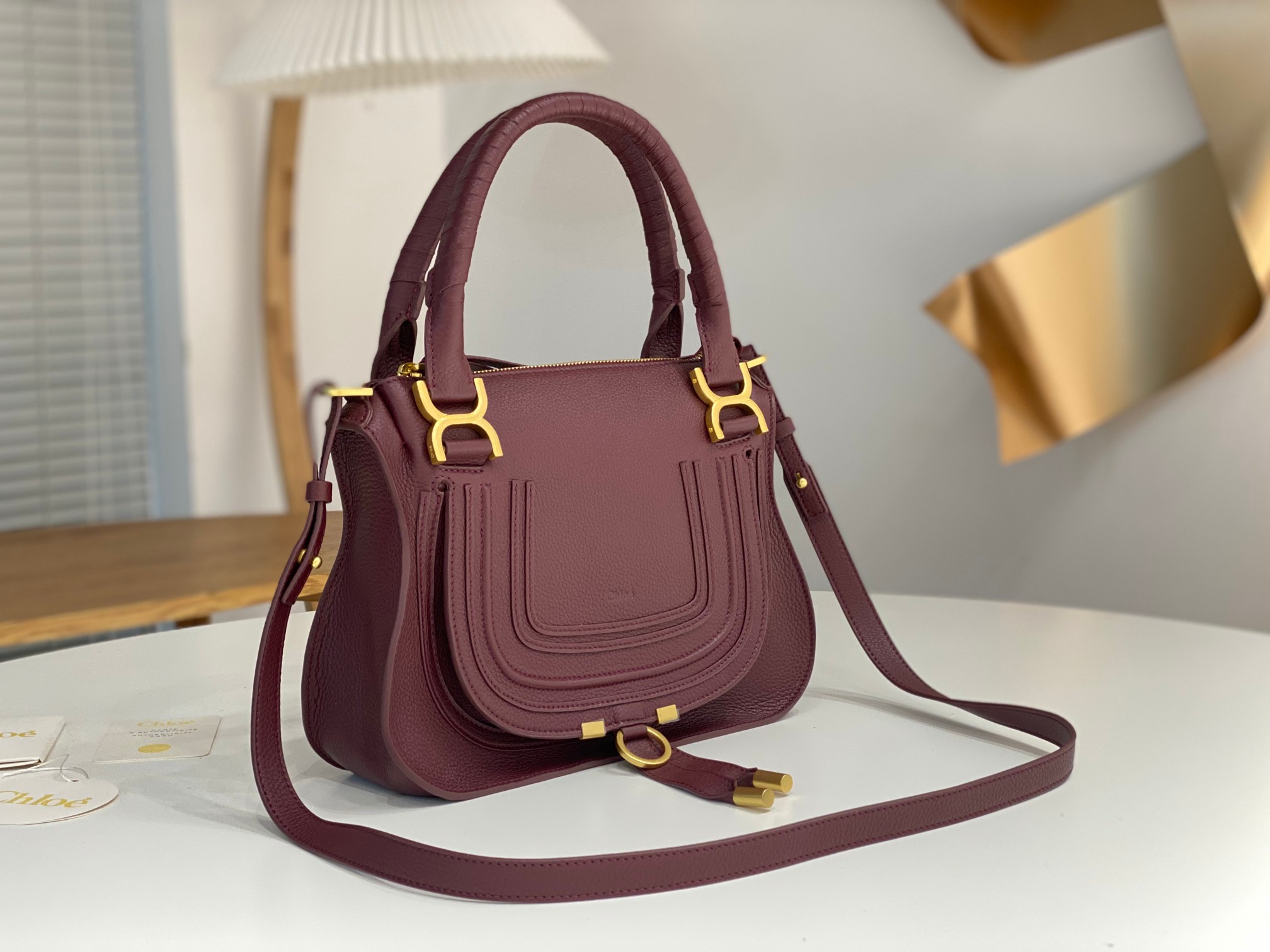 Chloe Small Marcie Bag In Bordeaux Grained Leather